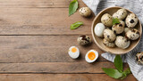 Unpeeled and peeled boiled quail eggs in bowls on wooden table, flat lay