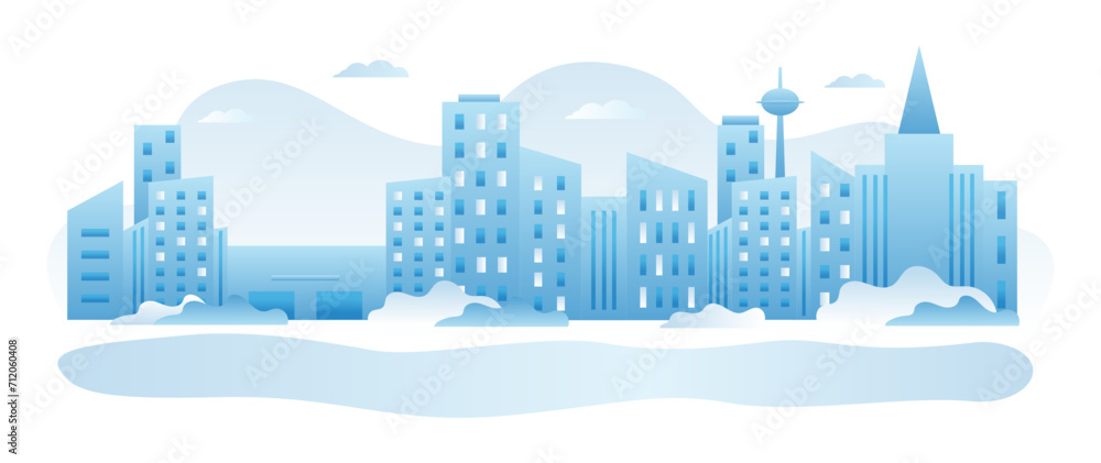 Modern cityscape under blue sky, urban buildings with futuristic architecture, cool hues, and abstract shapes. Serene, clean city with skyscrapers, vector illustration.