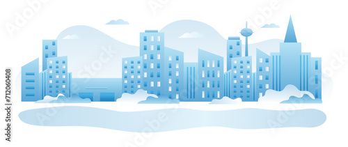 Modern cityscape under blue sky, urban buildings with futuristic architecture, cool hues, and abstract shapes. Serene, clean city with skyscrapers, vector illustration.