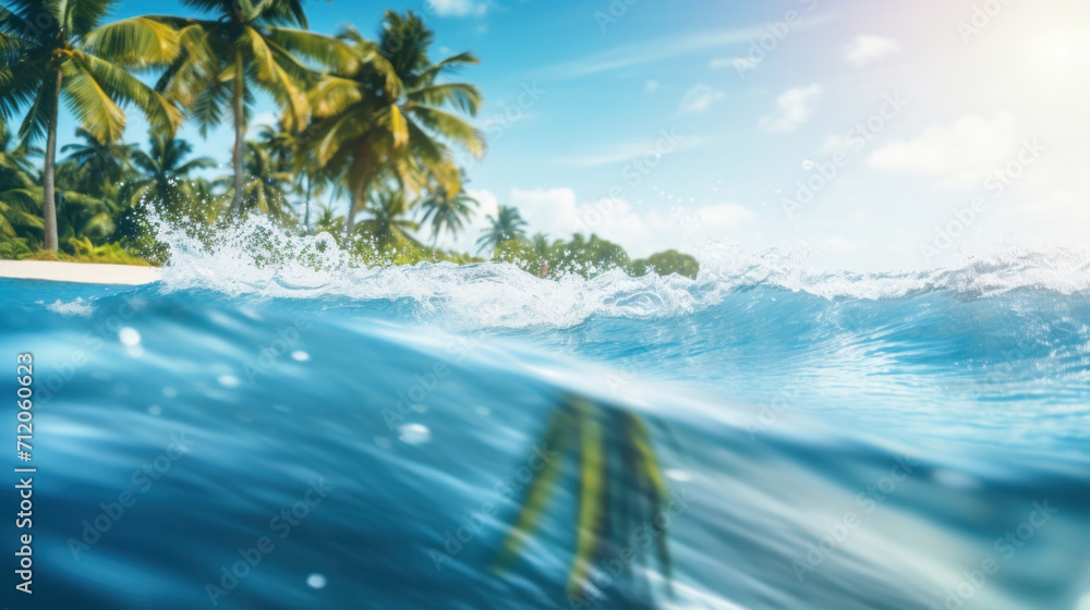 A sunny day at a tropical paradise, with crisp waves breaking on the shore and palm trees in the gentle breeze.
