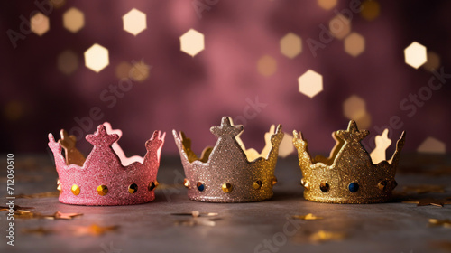 Three glittering party crowns on a tabletop, with a magical bokeh effect in the background, setting a celebratory mood.