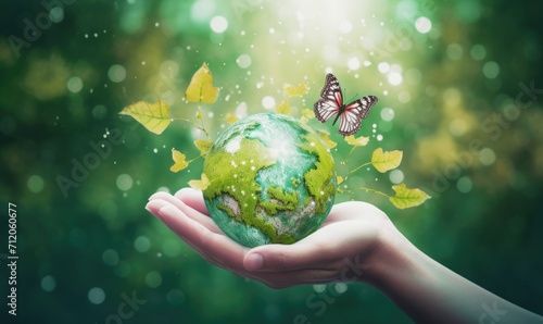 Concept Save the world save environment The world is in the grass of the green bokeh background photo