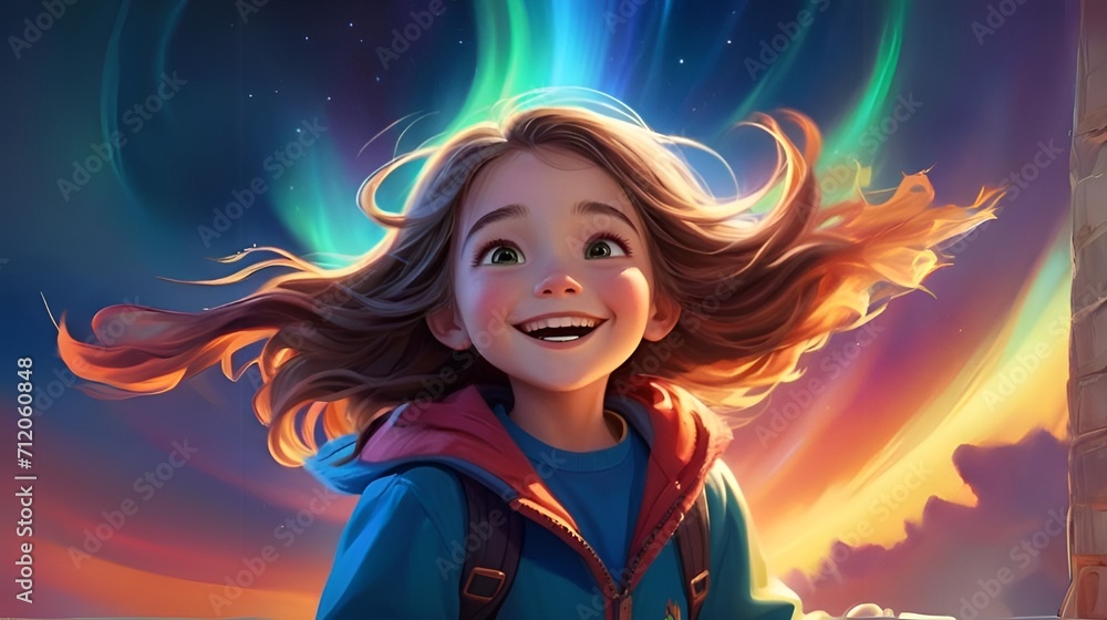 Cute beautiful gorgeous girl looking at Northern light in the sky, digital art style, high resolution illustration Cute beautiful gorgeous girl looking at Northern light in the sky, digital art style, high resolution illustration