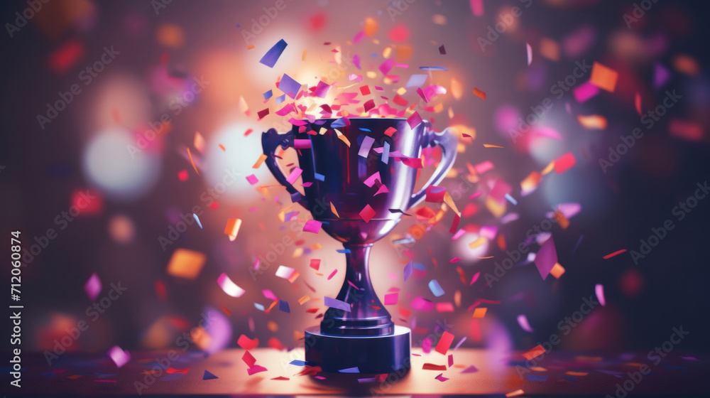 A shiny trophy cup centered with a vibrant shower of confetti, depicting celebration and success. A shiny trophy cup centered with a vibrant shower of confetti, depicting celebration and success.