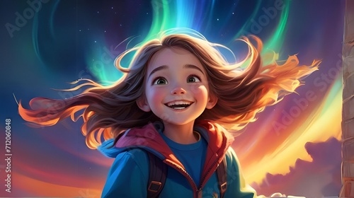 Cute beautiful gorgeous girl looking at Northern light in the sky, digital art style, high resolution illustration 