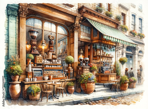 Classic Parisian Coffee Shop Watercolor Scene © Sawanee