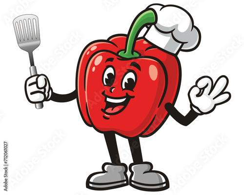 Paprika bell pepper with a spatula and wearing a chef's hat cartoon mascot illustration character vector clip art logo hand drawn