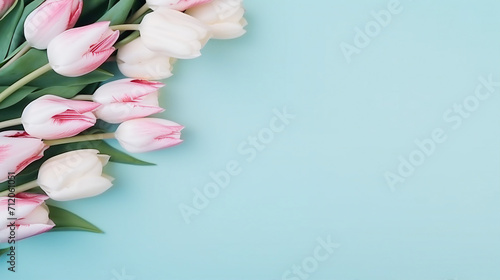 Captivating Mother's Day Concept: Pink Tulip Bouquet on Pastel Background with Silk Ribbon and Postcard - Spring Celebration Photo with Copyspace for Love Greetings