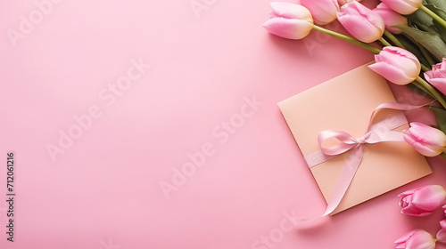 Captivating Mother's Day Concept: Pink Tulip Bouquet on Pastel Background with Silk Ribbon and Postcard - Spring Celebration Photo with Copyspace for Love Greetings