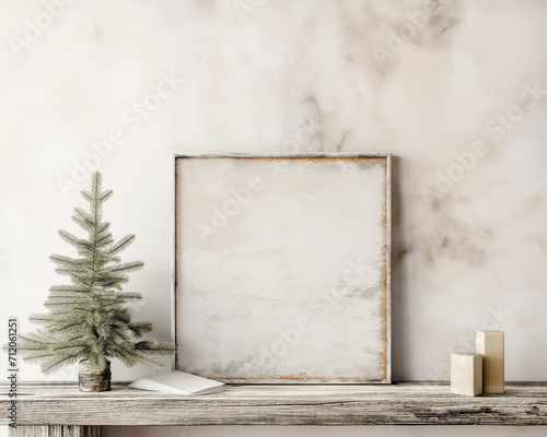 christmas present, fir, twig on old wood shelf, in the style of poster, minimalist sets, light beige and bronze, artist's frame, 32k uhd --ar 5:4 --v 6 Job ID: 2279f39a-038b-429f-a9c3-24dba354f705