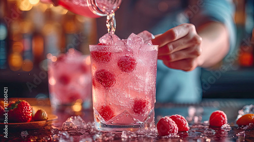 Close-up of barman making cocktail with fresh raspberries photo