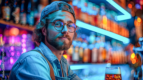 Portrait of a man sitting at a bar counter in a pub