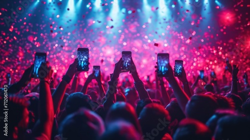 Crowd cheering at a live music concert with hands raised up with smartphones