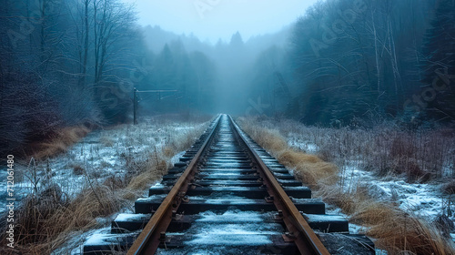 Railway tracks in the foggy forest. Winter landscape. Nature background