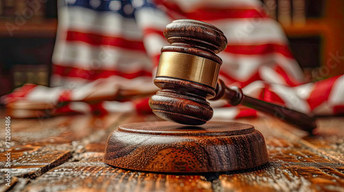 Wooden gavel and usa flag on wooden table. Law concept