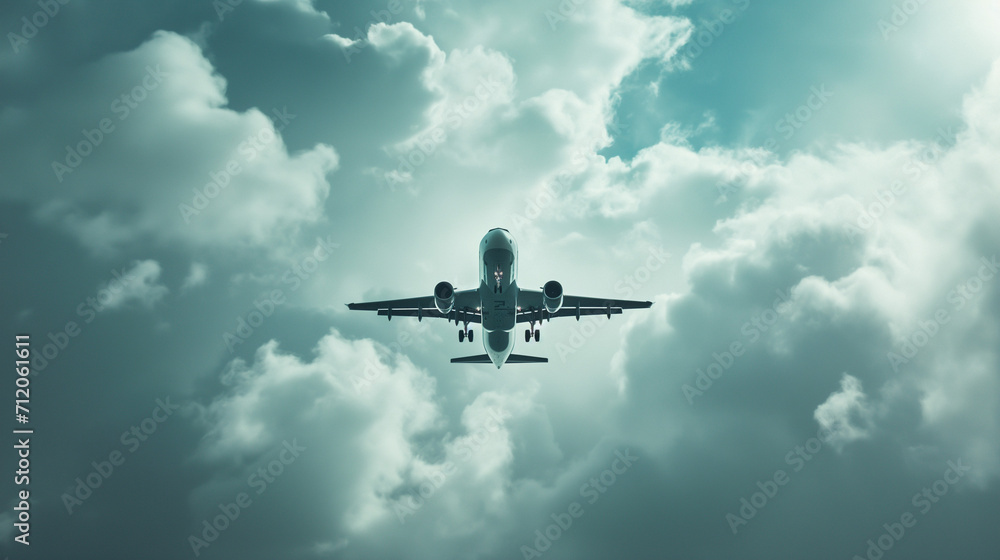 White passenger airplane flying in the sky amazing clouds in the background White passenger airplane flying in the sky amazing clouds in the background