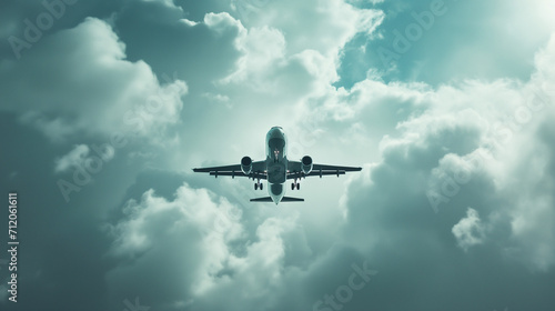 White passenger airplane flying in the sky amazing clouds in the background