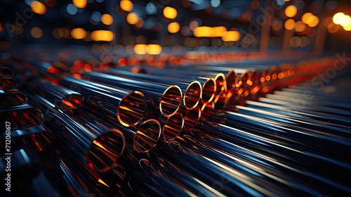 Steel pipes of different diameters in the warehouse of pipelines and spare parts for oil refining petrochemical equipment photo
