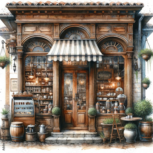 Vintage Style Watercolor Illustration of Quaint Coffee Shop