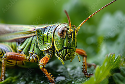 Close up of grasshopper on green leaf background. © wildarun