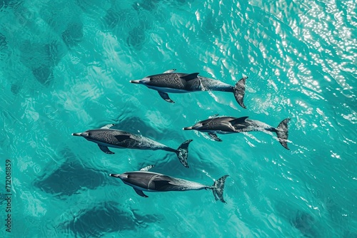 Dolphins swimming gracefully through turquoise waters. 