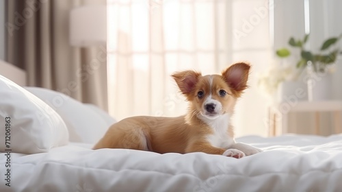 puppy lies under the blanket sleeping on the bed