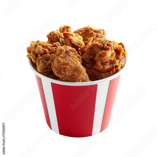 golden fried chicken in a red and white bucket, on transparent background