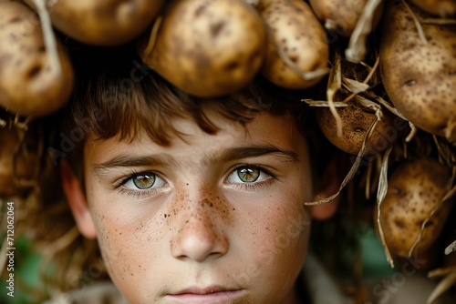 Boy with growing potatoes in his ears. photo