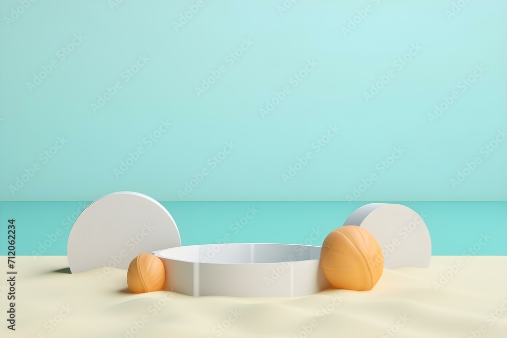 Fototapeta premium 3d Render of Abstract Minimal Display Podium for Showing Products or Cosmetic Presentation With Summer Beach Scene. Summer Time.