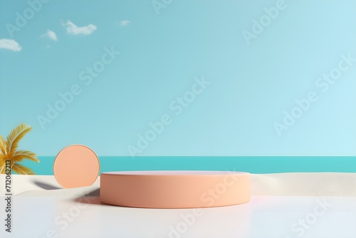 3d Render of Abstract Minimal Display Podium for Showing Products or Cosmetic Presentation With Summer Beach Scene. Summer Time.