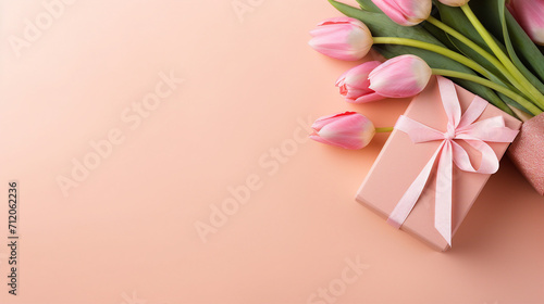 Stylish Mothers Day Concept: Top View of Pink Giftbox, Tulip Bouquet on Isolated Pastel Background, Perfect for Spring Celebrations and Emotional Occasions © sunanta