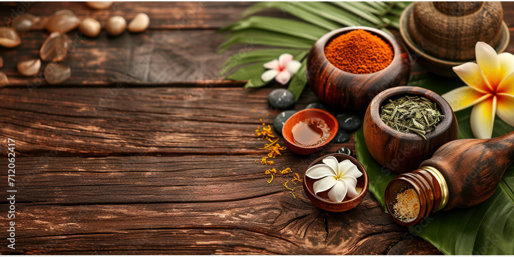  Ayurvedic spa and relax with natural aromatherapy treatment in a room for luxury or wellness surrounded by nature. Health and ayurveda massage, skincare, spa or relaxation concept. - obrazy, fototapety, plakaty 