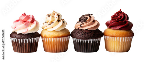 delicious frosted cupcakes in a row on transparent background