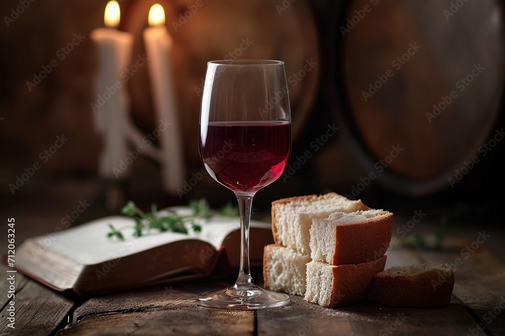 Bread with glass of wine. Christian communion concept for reminder of Jesus sacrifice. Bread with glass of wine. Christian communion concept for reminder of Jesus sacrifice.