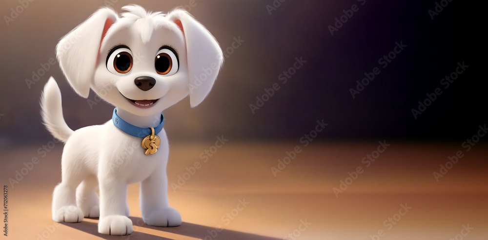 Cartoon illustration of a cute happy white puppy, baby dog, isolated on a light purple background, copy space, horizontal 16:9, concept for pet and animal rights Cartoon illustration of a cute happy white puppy, baby dog, isolated on a light purple background, copy space, horizontal 16:9, concept for pet and animal rights