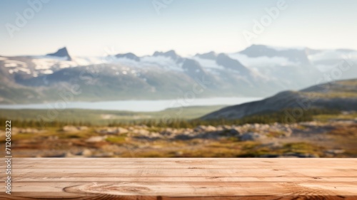 The empty wooden brown table top with blur background of Greenland in summer. Exuberant image. generative AI