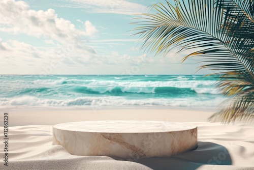 Summer sea and sand product placement background with empty flat stone podium.