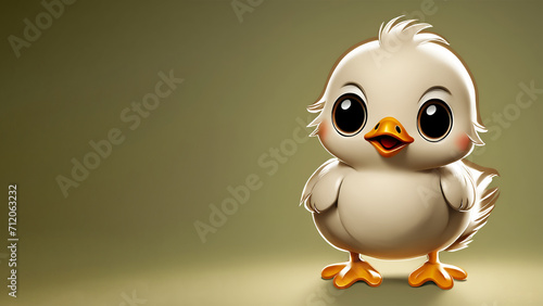 Cartoon illustration of a cute baby chicken isolated on a light green background, copy space, horizontal 16:9, concept for pet and animal rights 