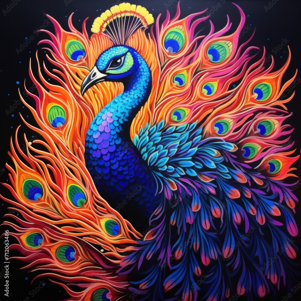 Blacklight painting-style peacock, peacock pop art illustration