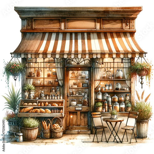 Vintage Style Watercolor Illustration of Quaint Coffee Shop