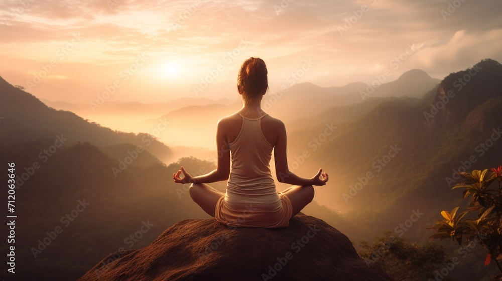 Young women meditate while doing yoga meditation, spiritual mental health practice with silhouette of lotus pose and peaceful mind relaxation on mountain outdoor with sunset golden heavenly