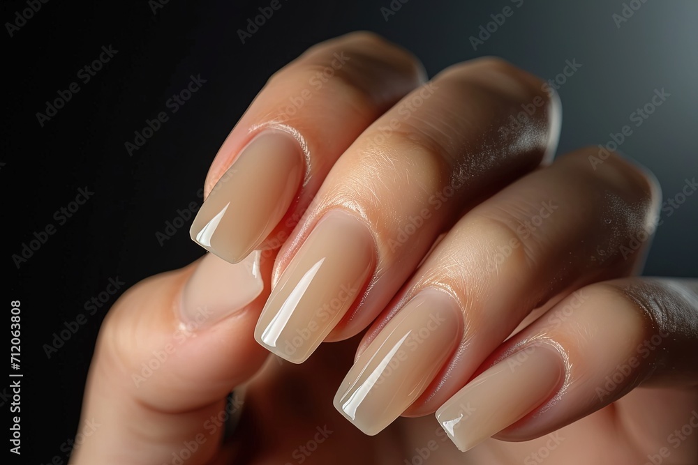 Woman hand with nude shades nail polish on her fingernails. Woman hand with nude shades nail polish on her fingernails.