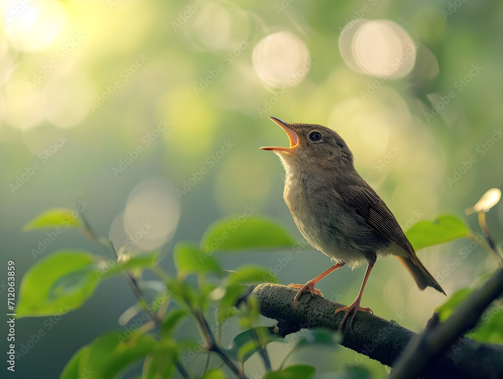 Fototapeta premium Bird Singing on Branch with Sunlight