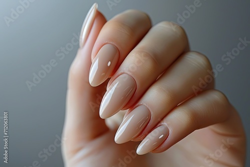 Woman hand with nude shades nail polish on her fingernails.