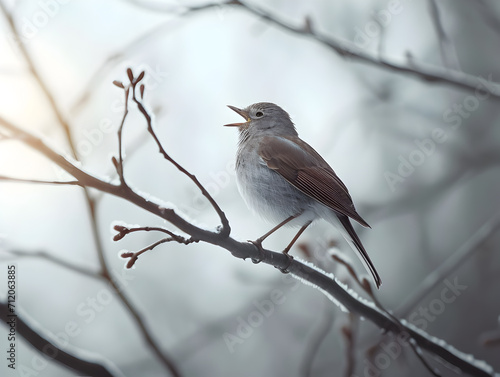 Bird Singing in Snow with Sunlight