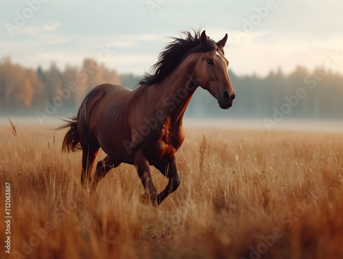 Running Horse in Windy Field at Sunrise