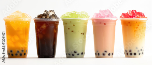 selection of tapioca bubble tea on white background