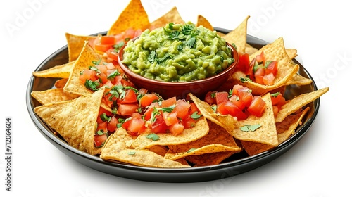 Plate of freshly made spicy nachos with guacamole isolated on transparent background