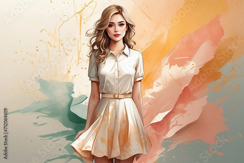Fashionable young woman in a beige dress on a colorful background