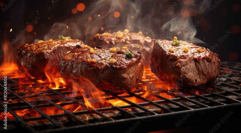 Beef steak on the grill with smoke and flames Beef steak on the grill with smoke and flames